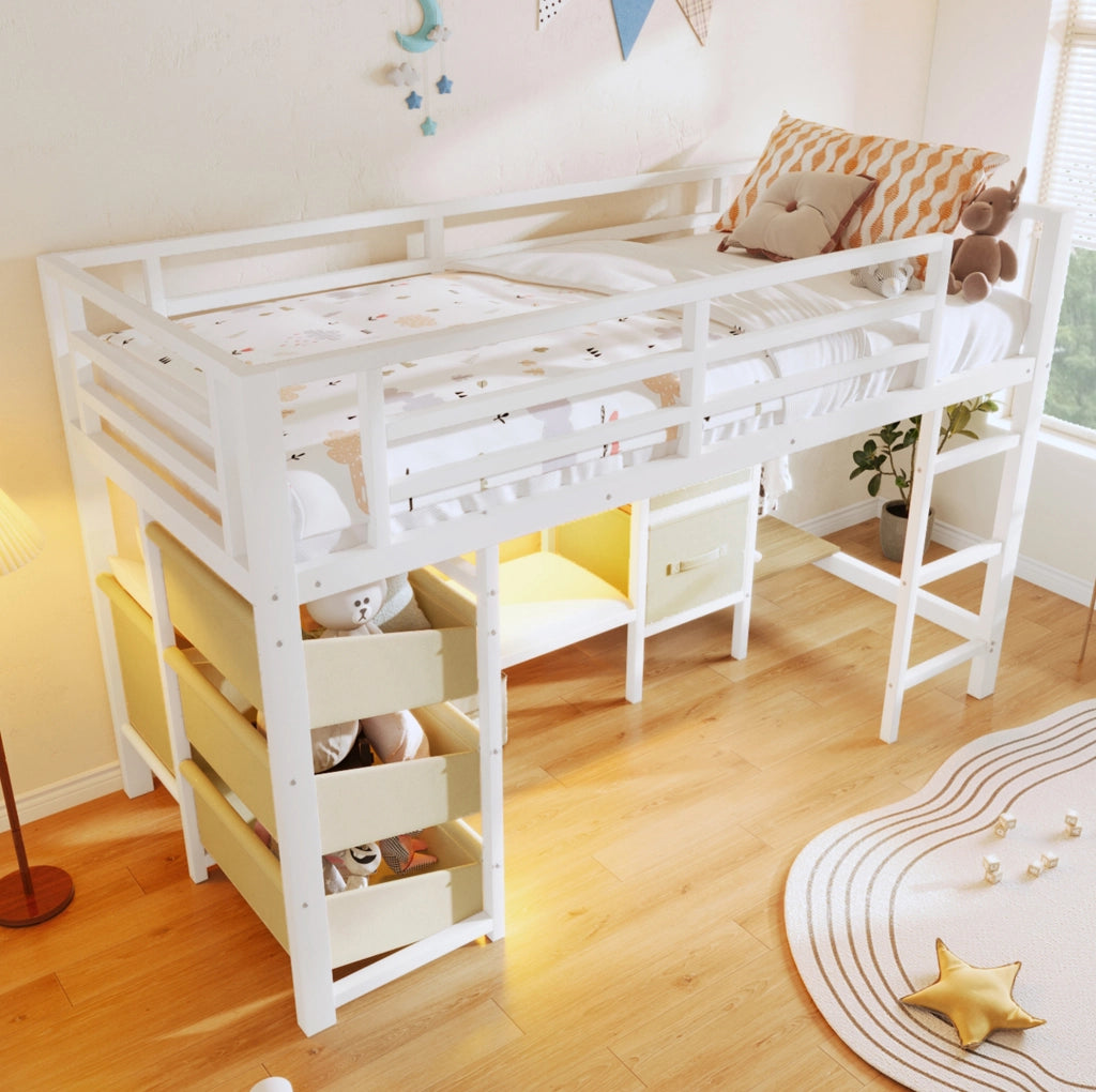 LETTO Semialto 90x200 cm Metallo Bianco con cuscino e contenitori in tessuto