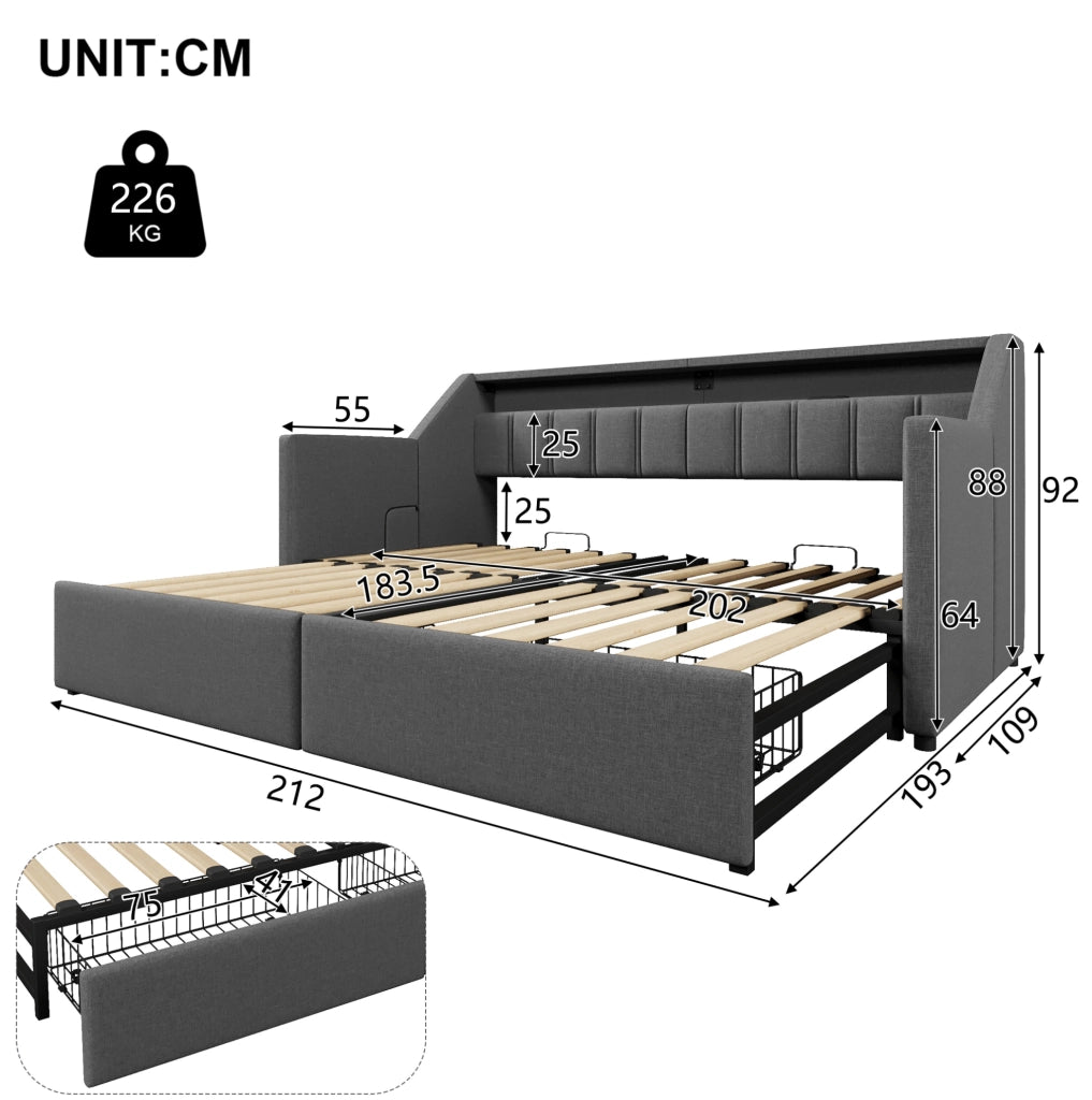 Letto multifunzionale 90x200 cm con USB, Type-C, LED e 2 cassetti