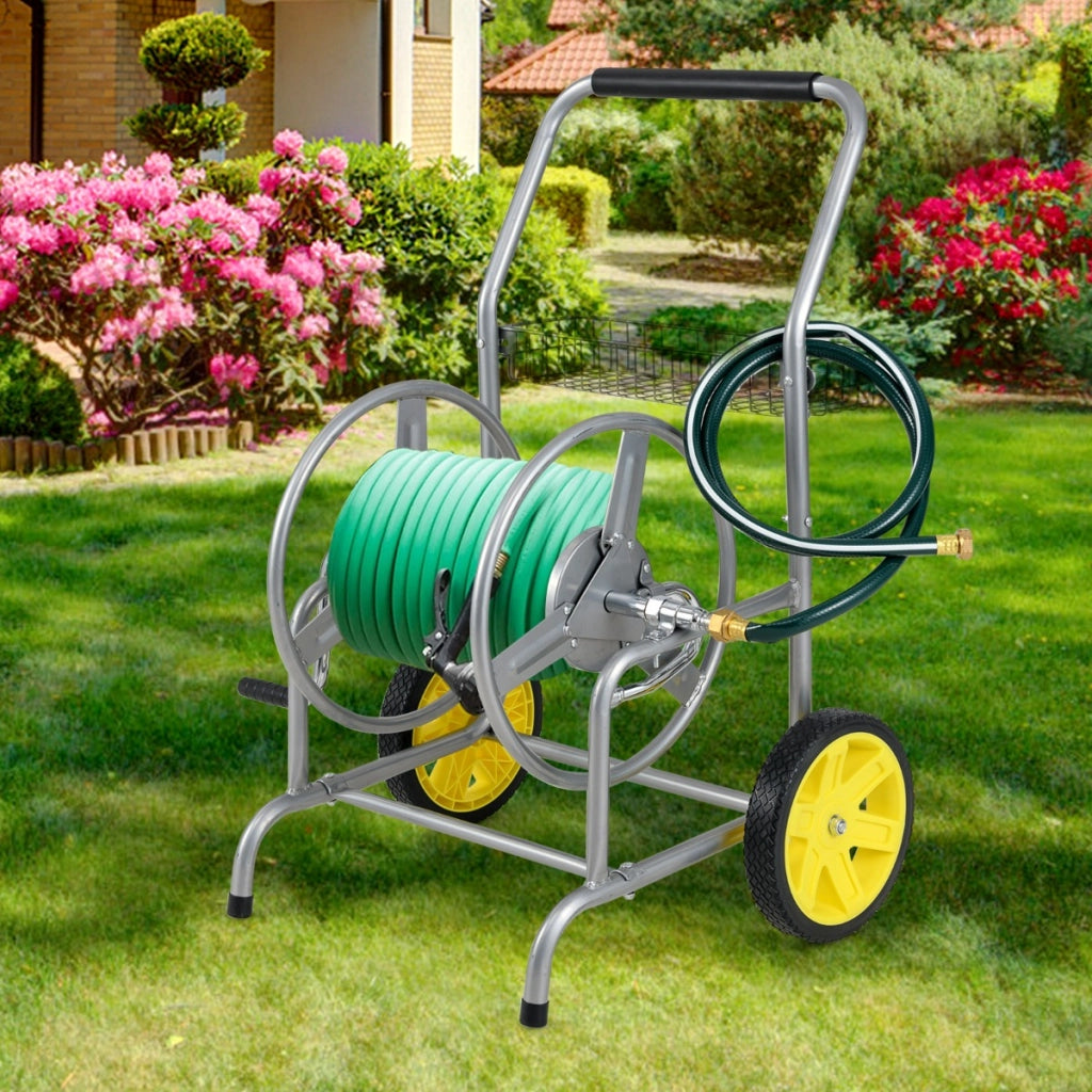 Carrello avvolgitubo da giardino con 2 ruote e cestino portaoggetti, Carrello tubo da giardino per esterni e giardino Argento-Attrezzi da giardino