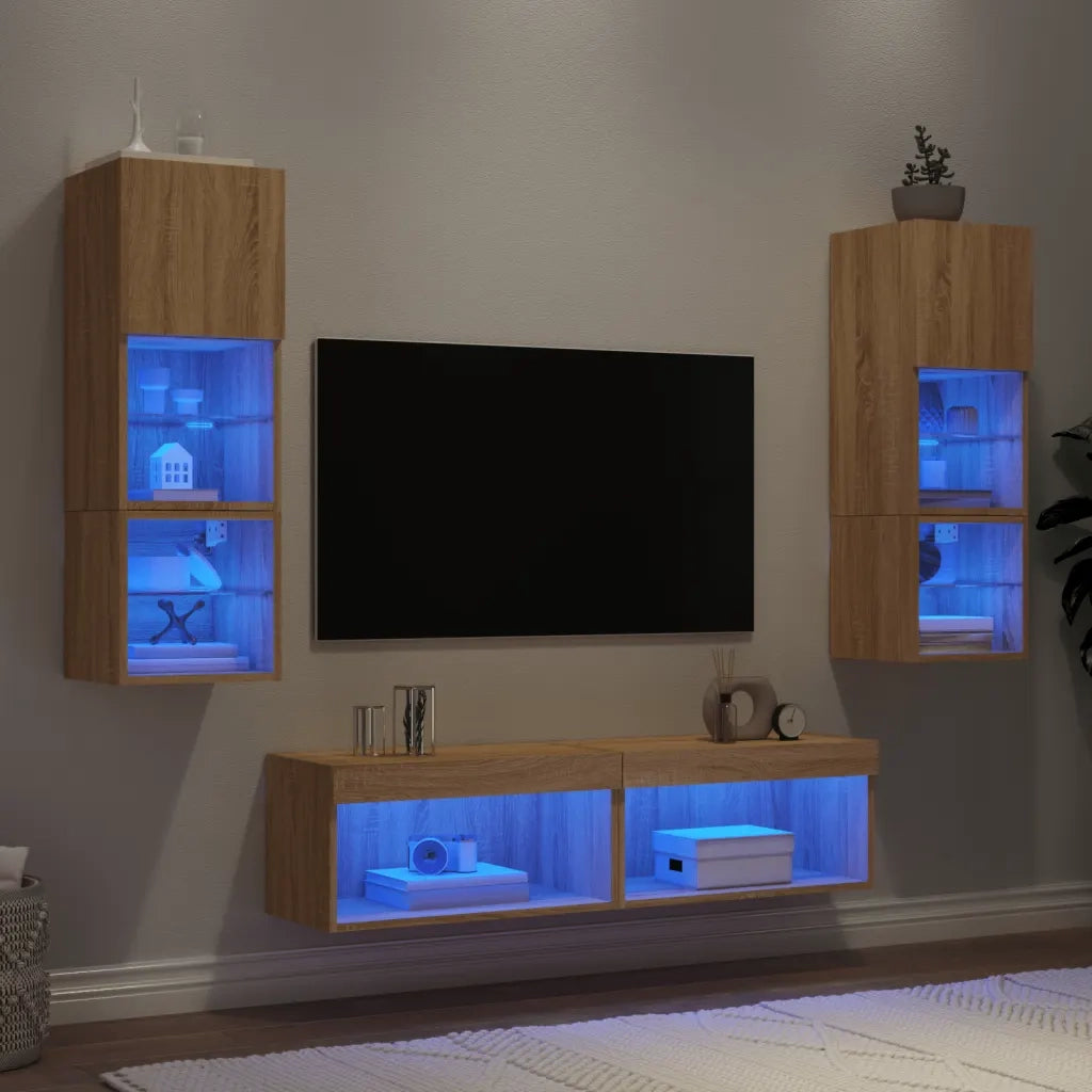 Mobili TV a Muro con LED 6pz-Set di 6 Credenza per TV sospesa Rovere Sonoma Legno Multistrato 386191