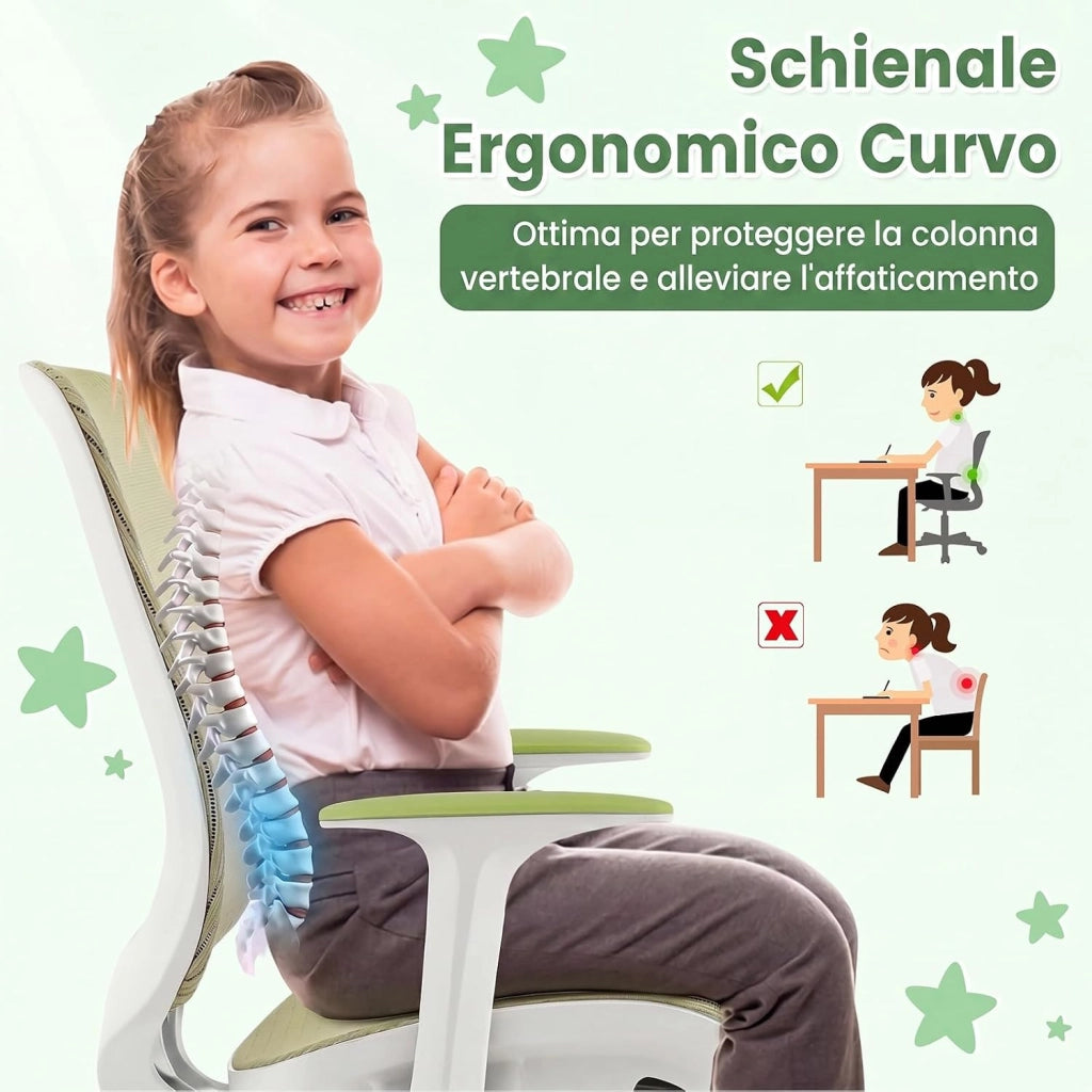Sedia da Scrivania Girevole per Bambini (Verde,Ruote Ordinarie) | con Altezza Regolabile, 5 Ruote, Braccioli Morbidi, Mobile Ergonomica per Bambini 6-15 Anni