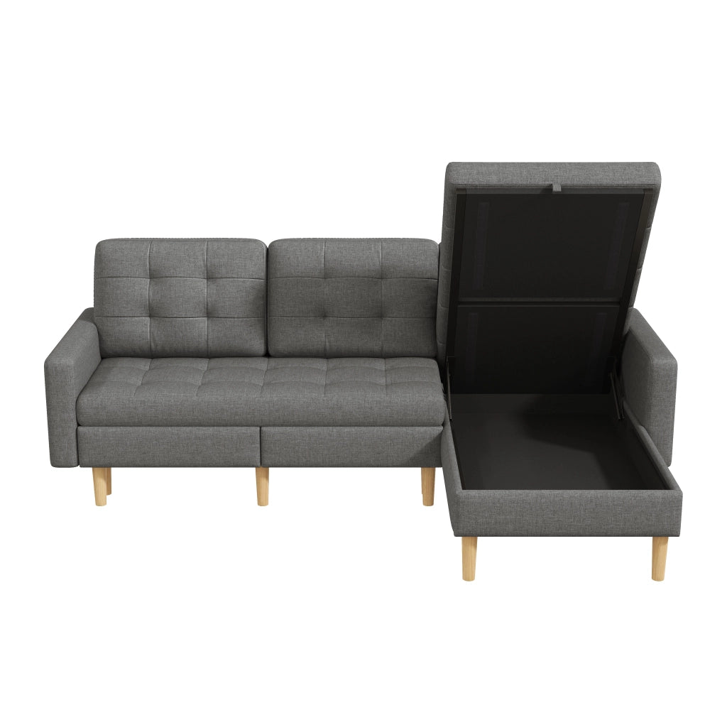 Divano angolare 3 posti con chaise longue reversibile e vano contenitore in tessuto grigio
