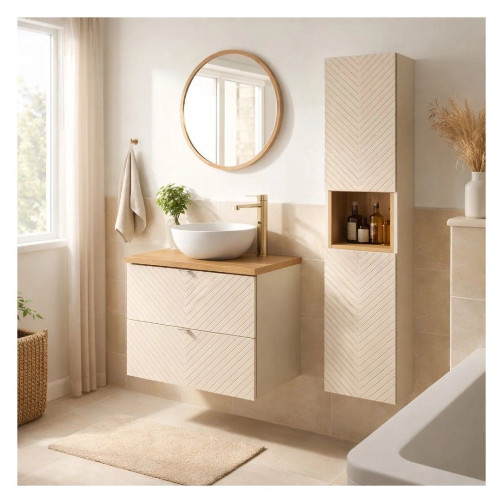 Set bagno AOKI: mobile sottolavabo con cassetti 60cm + piano lavabo effetto legno + colonna