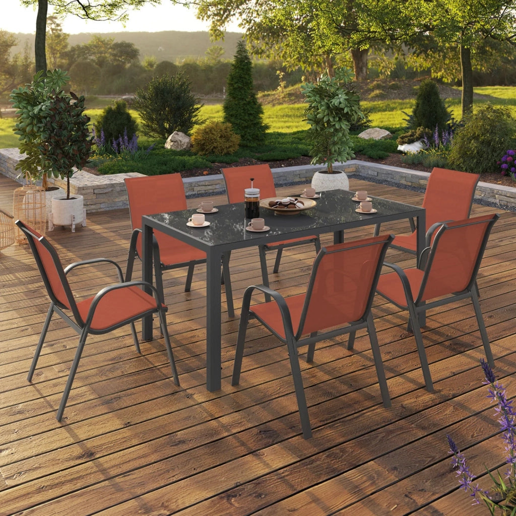 IDMarket - Set di mobili da giardino MADRID tavolo 150 CM e 6 sedie impilabili in terracotta