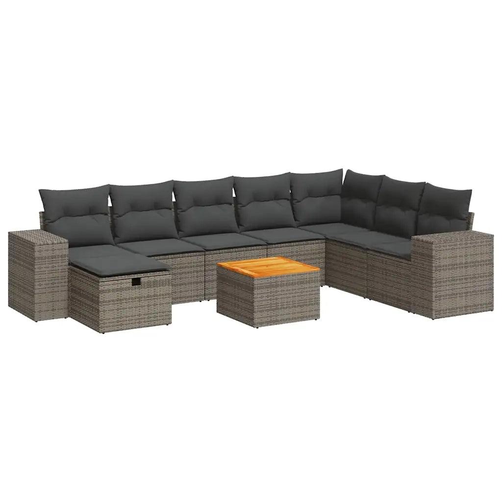 Set Divano da Giardino 9 pz con Cuscini Grigio in Polyrattan