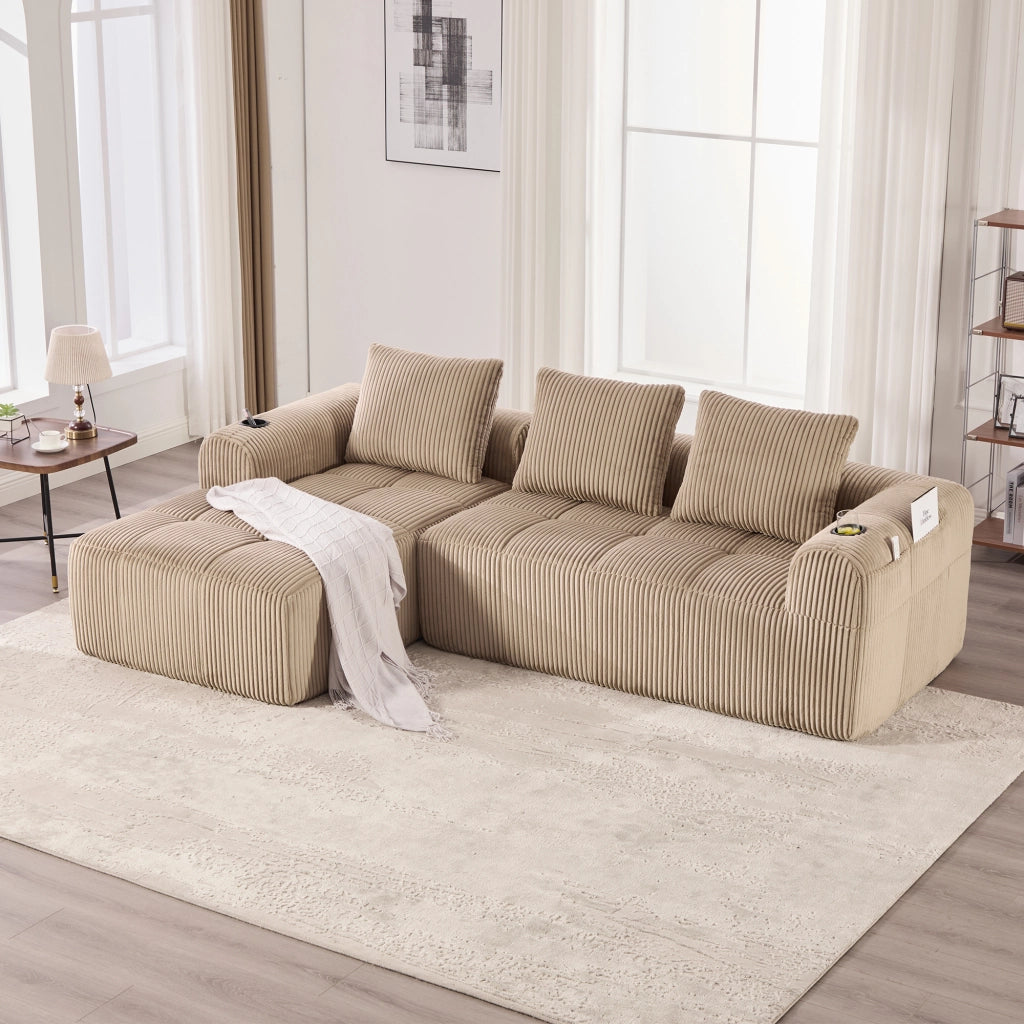 Divano modulare in tessuto a coste con tasche laterali, portabicchieri e tre cuscini, khaki 253 × 158 × 61 cm