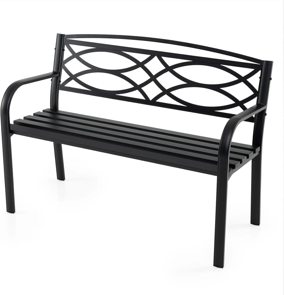 Panca da Esterno in Metallo, Panchina da Giardino 2 Posti con Braccioli, Schienale Ergonomico e Seduta a Doghe, Resistente agli Agenti Atmosferici, Panca da Terrazza, Parco, Cortile, Nero