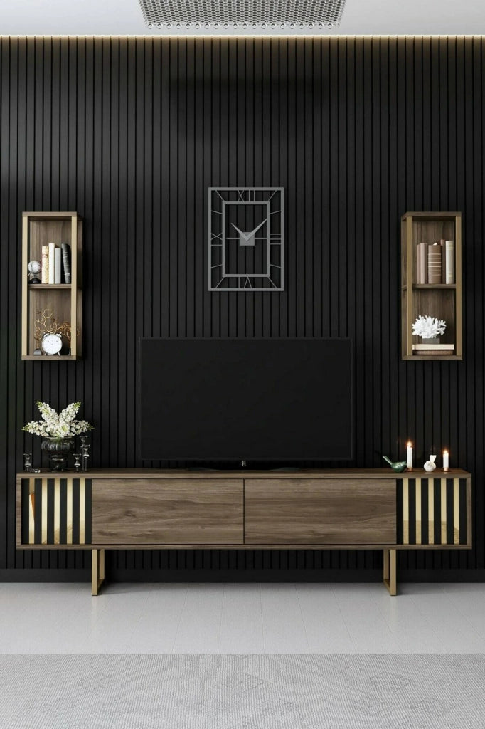 Mobile porta TV Artinay, Credenza da soggiorno, Armadio basso per TV, Base parete attrezzata, 180x30h48 cm, Noce e Nero