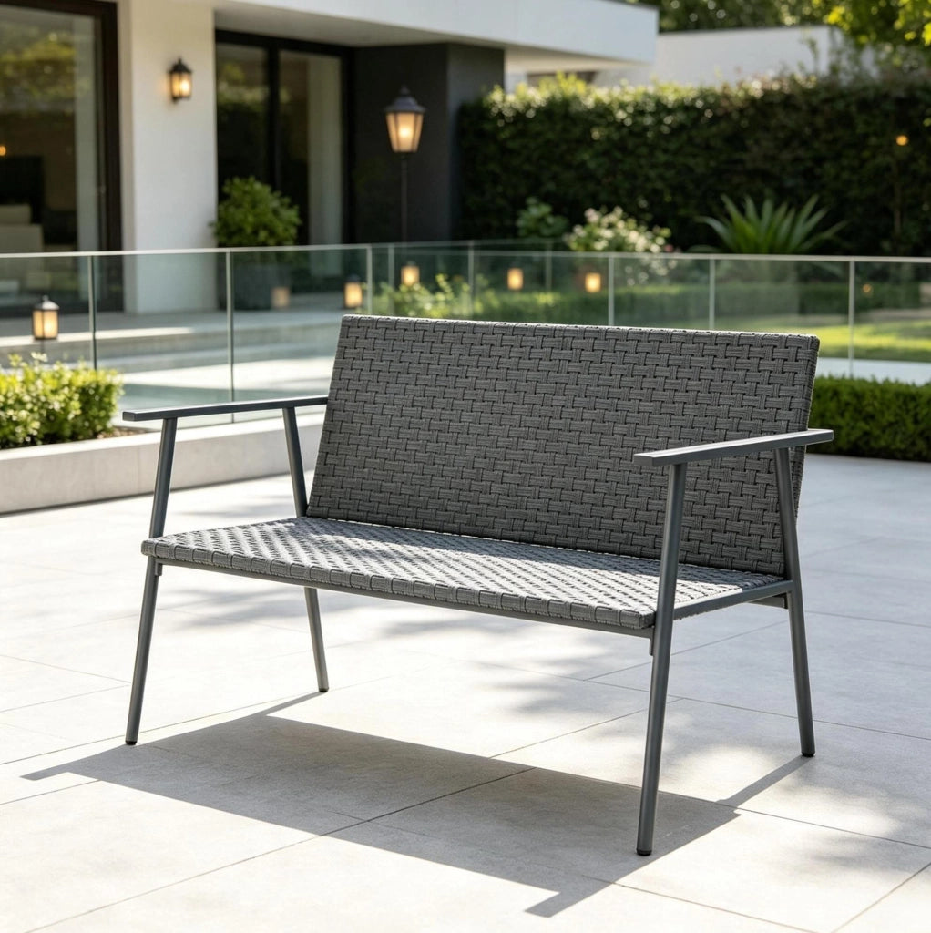 Panchina da giardino 2 posti in resina intrecciata e acciaio zincato; grigio; 110 cm