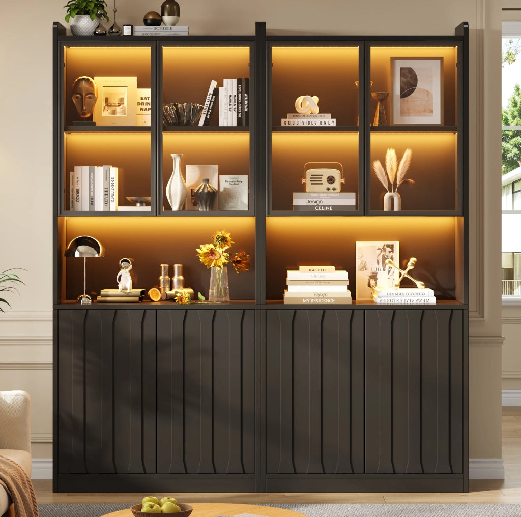 VETRINA Set da 2 pezzi 160x35x200 cm Nera con vetro temperato e LED