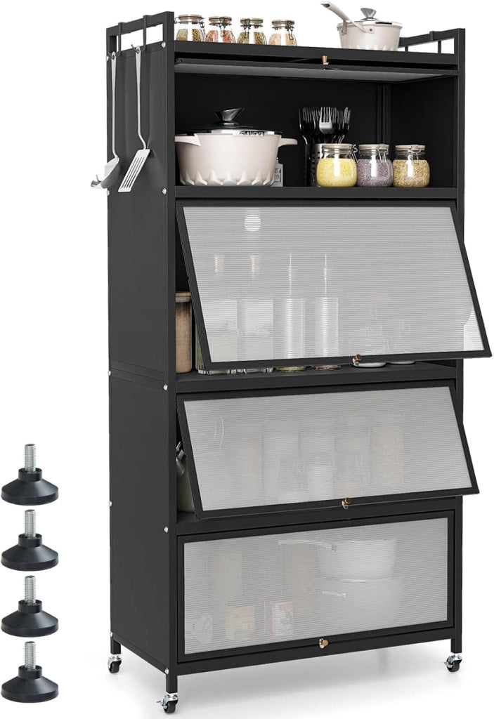 Armadio da Cucina a 5 Ripiani, Mobile Dispensa Cucina con Ruote Girevoli, 4 Porte PC a Ribalta e 4 Ganci, Mensola Microonde in Metallo per Soggiorno, Cucina, Sala da Pranzo (Bianco)