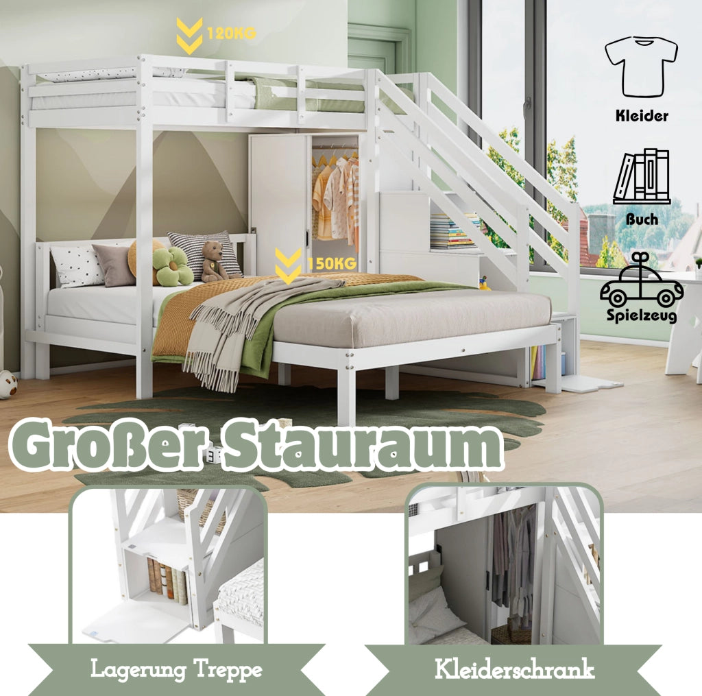 Letto a castello con armadio e scala contenitore; 90x200 cm + 140x200 cm; bianco
