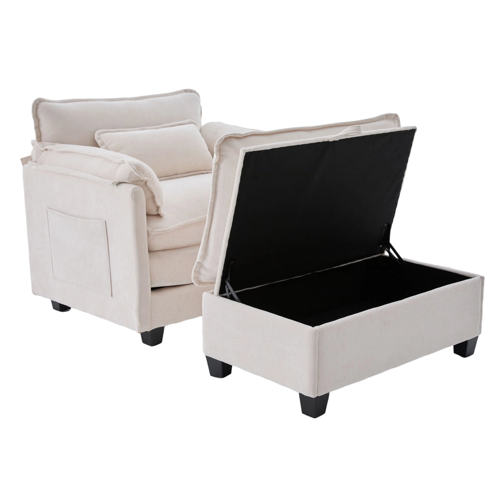 OKWISH Poltrona con Poggiapiedi, Seduta Ampia con Vano Contenitore e Tasca Laterale, Schienale Imbottito, Ciniglia Beige