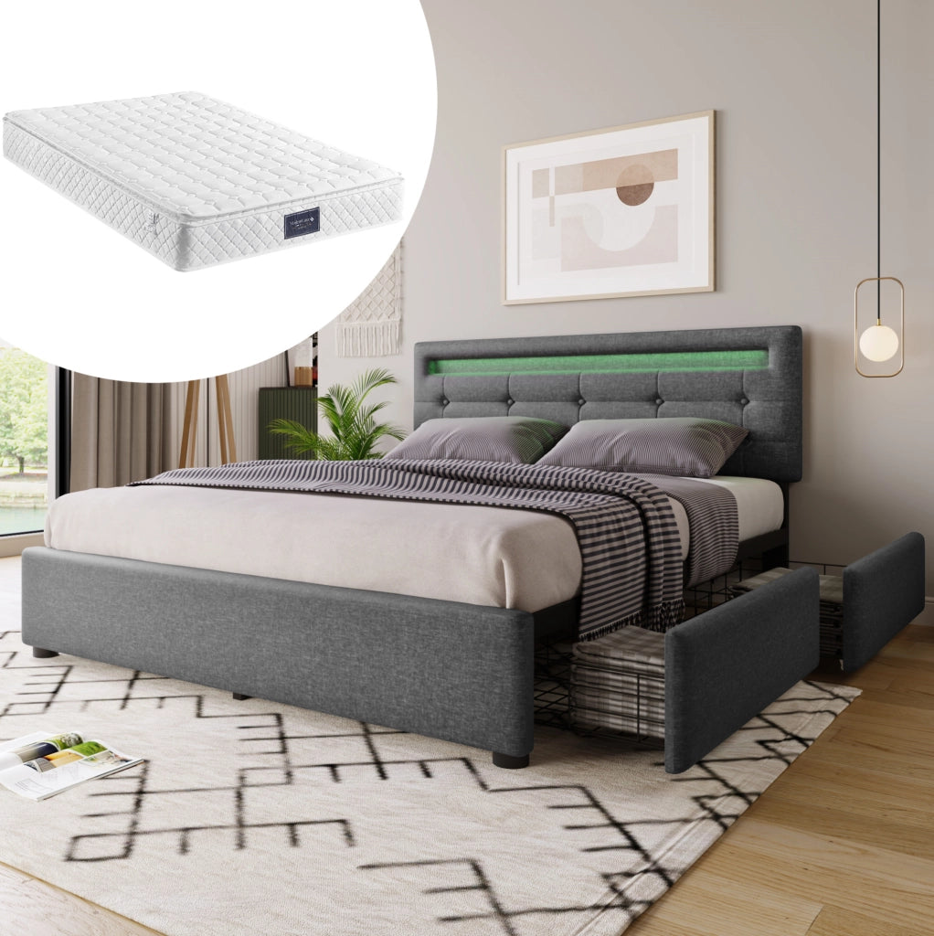 Letto matrimoniale 140x200 cm con LED, 4 cassetti e materasso