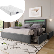Letto matrimoniale 140x200 cm con LED, 4 cassetti e materasso