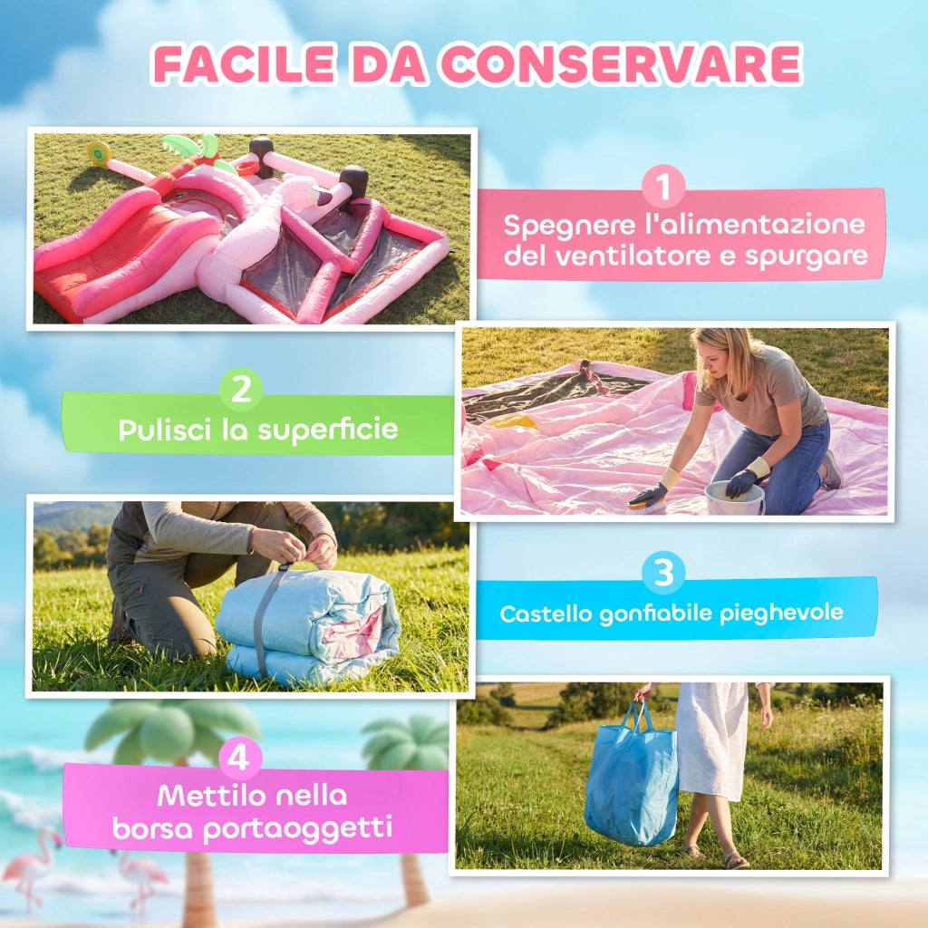 Castello Gonfiabile per Bambini con Scivolo, Trampolino, Vasca di Palline e Canestro Basket, 255x230x196 cm, Rosa