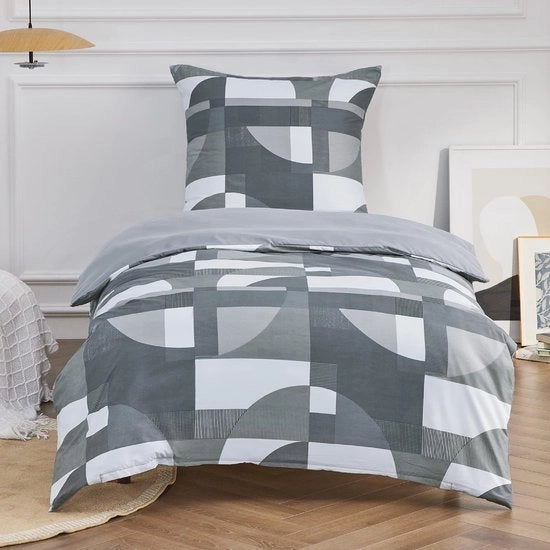 Set di coperte 135 x 200 cm, 2 pezzi, con cuscino 80 x 80 cm, tessuto microfibra, tessuto Öko-Tex grigio a motivi geometrici per letto singolo con chiusura a zip