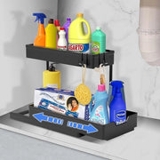 Organizzatore di sottocassa per lavandino a 2 livelli, ripiegabile, con 4 ganci, multifunzionale, nero