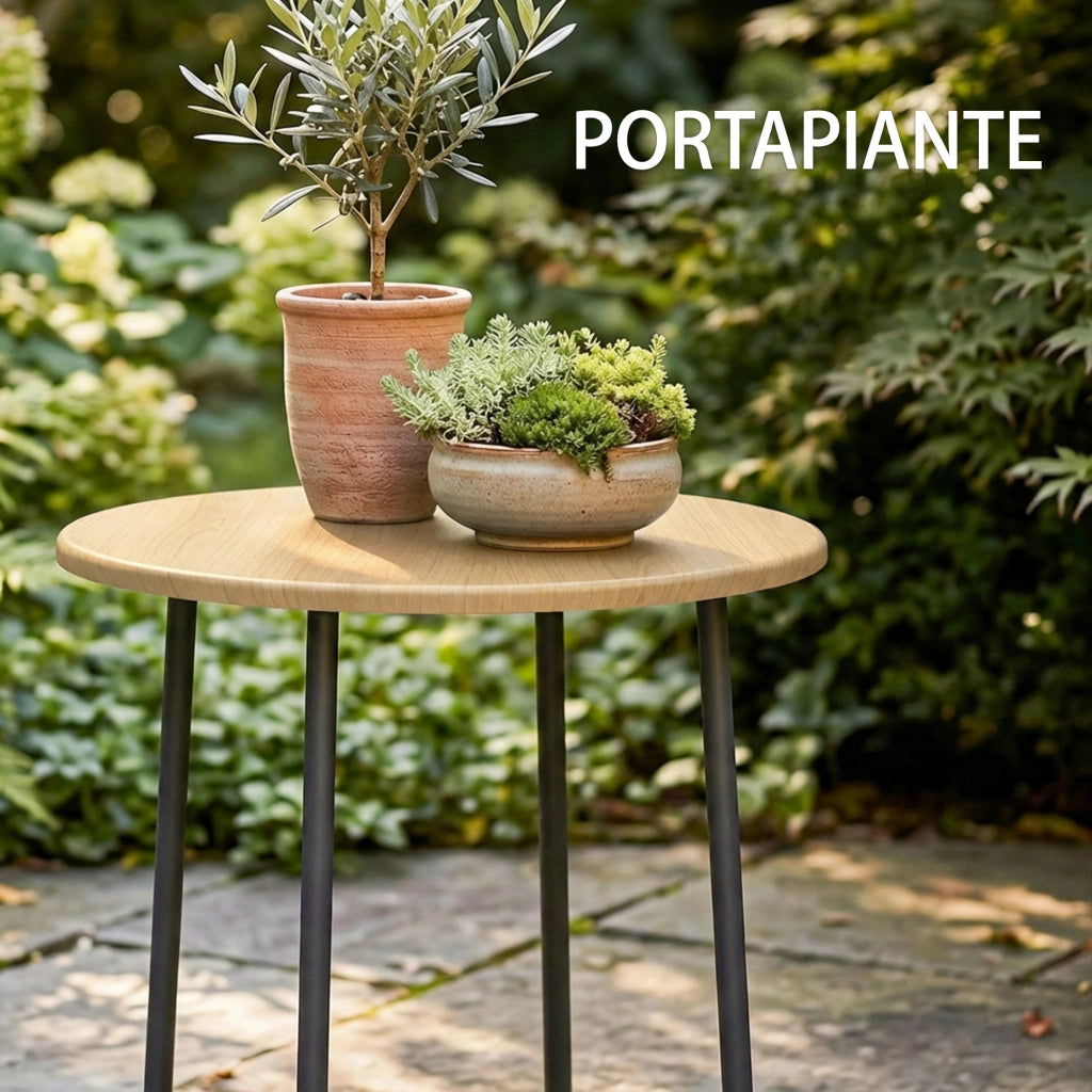 Tavolino da Giardino Rotondo in Metallo, per Balcone e Terrazzo, ?48x51 cm, Effetto Legno Naturale