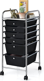 Carrello con 6 Cassetti e Ruote, Cassettiera in Plastica, con Due Dimensioni di Cassetti, Contenitore Multiuso per Casa Bagno e Ufficio, 37 x 74 x 32cm (Nero)