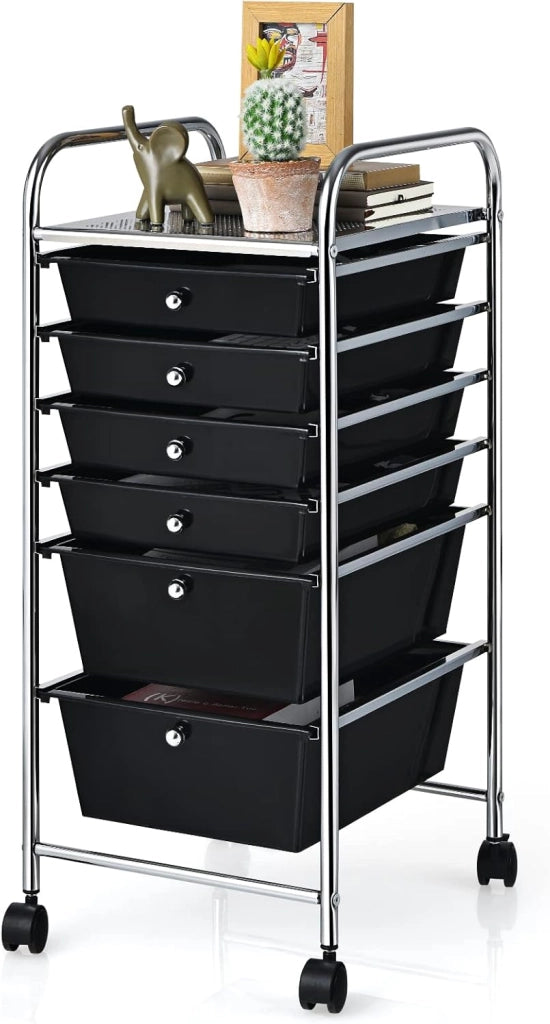 Carrello con 6 Cassetti e Ruote, Cassettiera in Plastica, con Due Dimensioni di Cassetti, Contenitore Multiuso per Casa Bagno e Ufficio, 37 x 74 x 32cm (Nero)