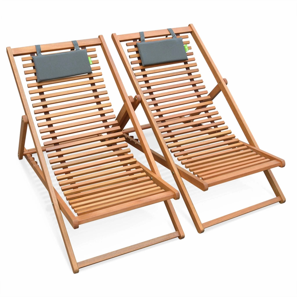 Set 2 lettini prendisole in legno con doghe e poggiatesta, marrone
