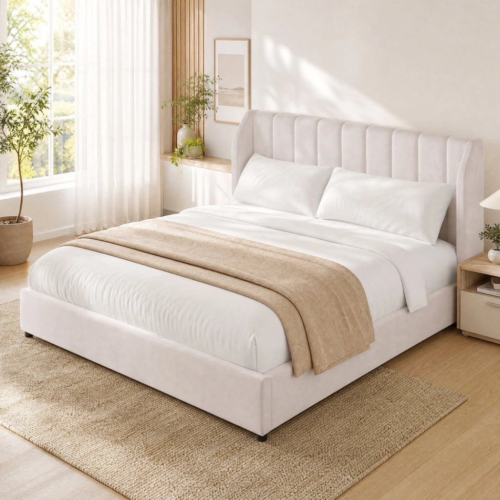 Letto imbottito 180 × 200 cm con rete a doghe testiera imbottita a righe verticali beige