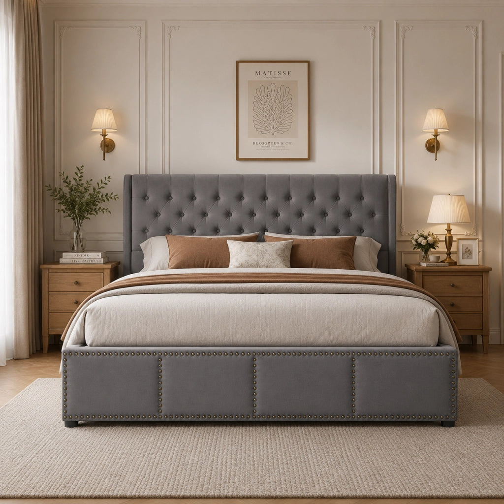 Letto matrimoniale imbottito 160x200 cm con contenitore, testiera morbida e rivestimento in velluto grigio