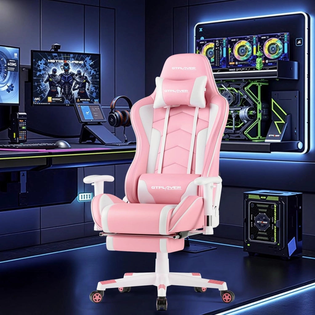 Sedia da gioco con poggiapiedi, altoparlante Bluetooth, sedia da gioco, ergonomica, sedia da ufficio, sedia da scrivania con barrières Réglables, 200 kg, rosa