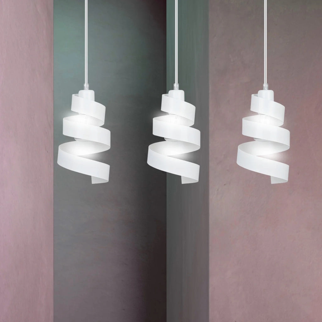 Lampadario Moderno 3 Luci Tristano In Acciaio Bianco Con Fasce A Spirale