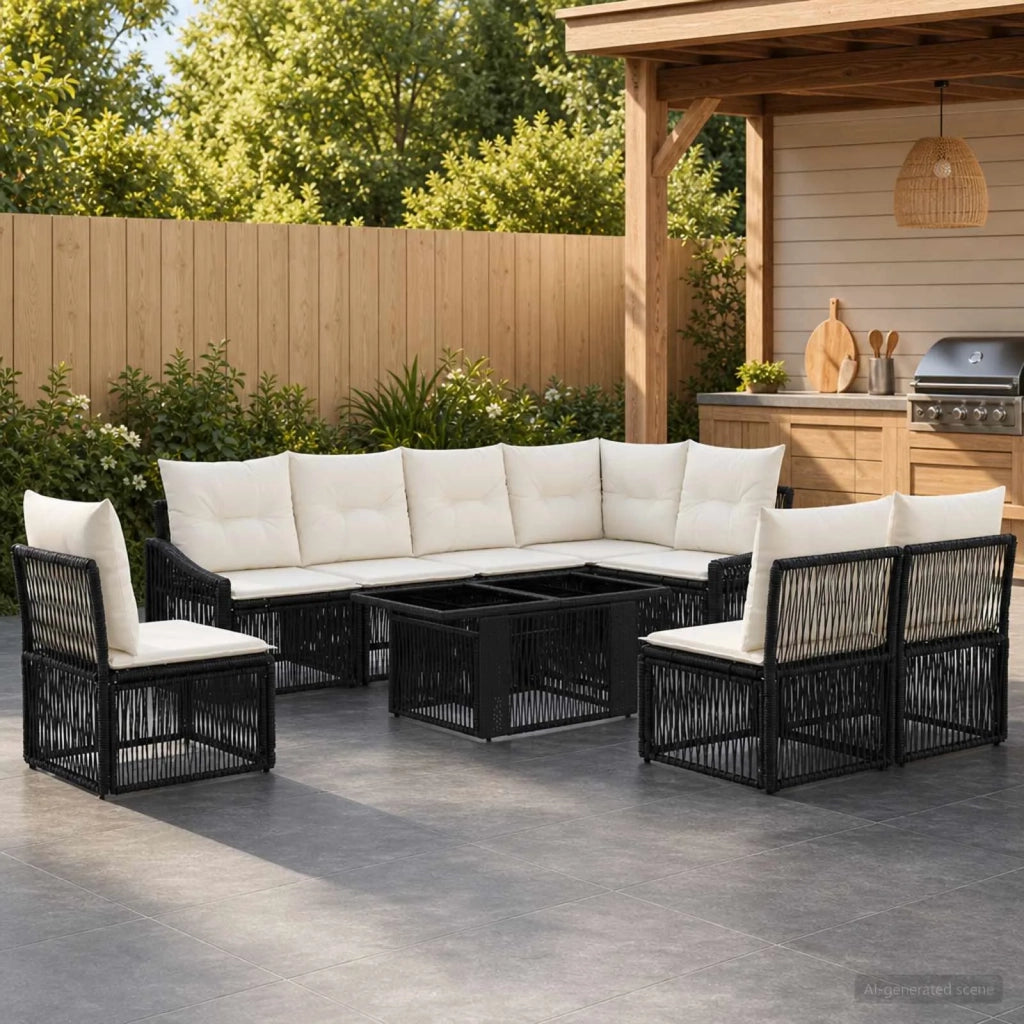 Set Divano da Giardino 9 pz Nero e Bianco Crema polyrattan 3437257