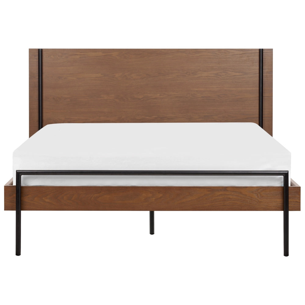 Letto 140 x 200 cm in frassino scuro con rete a doghe e testiera gambe in metallo nero
