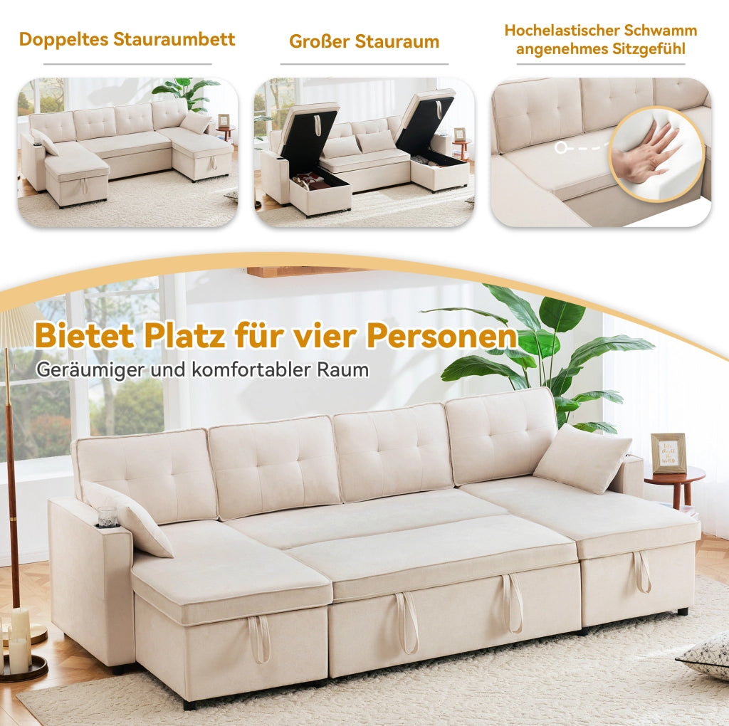Divano letto a U 270 cm beige con contenitore e portabicchieri