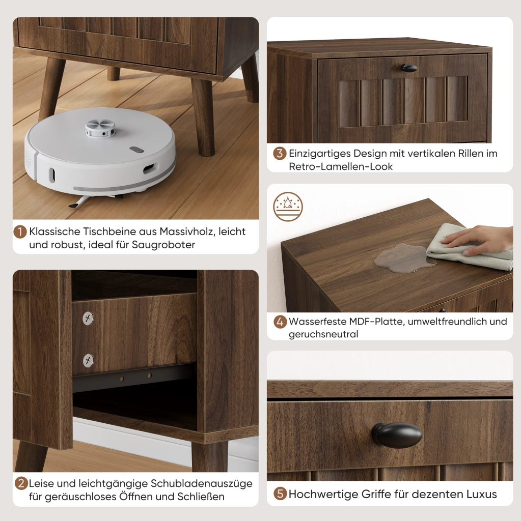 Comodino in legno color noce con due cassetti