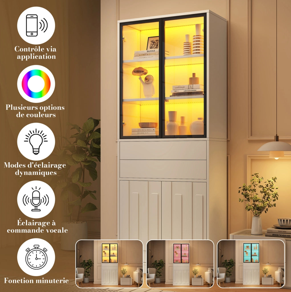 Vetrina alta ULEVR 70x34x180 cm con 4 ante, 2 cassetti, LED Bluetooth e ripiano regolabile, bianca