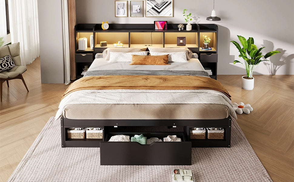 DESMIU Letto adulto 180 × 200 cm 2 posti con 3 cassetti, vani contenitori e LED, senza materasso, in MDF e compensato, nero