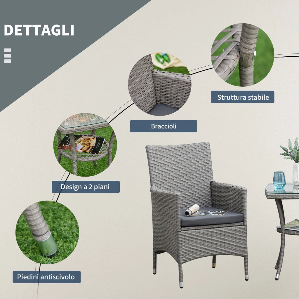 Set 3 Pezzi Salotto Giardino in Rattan PE e Acciaio ¨C zephmum ¨C Grigio con Cuscini e Tavolino Vetro