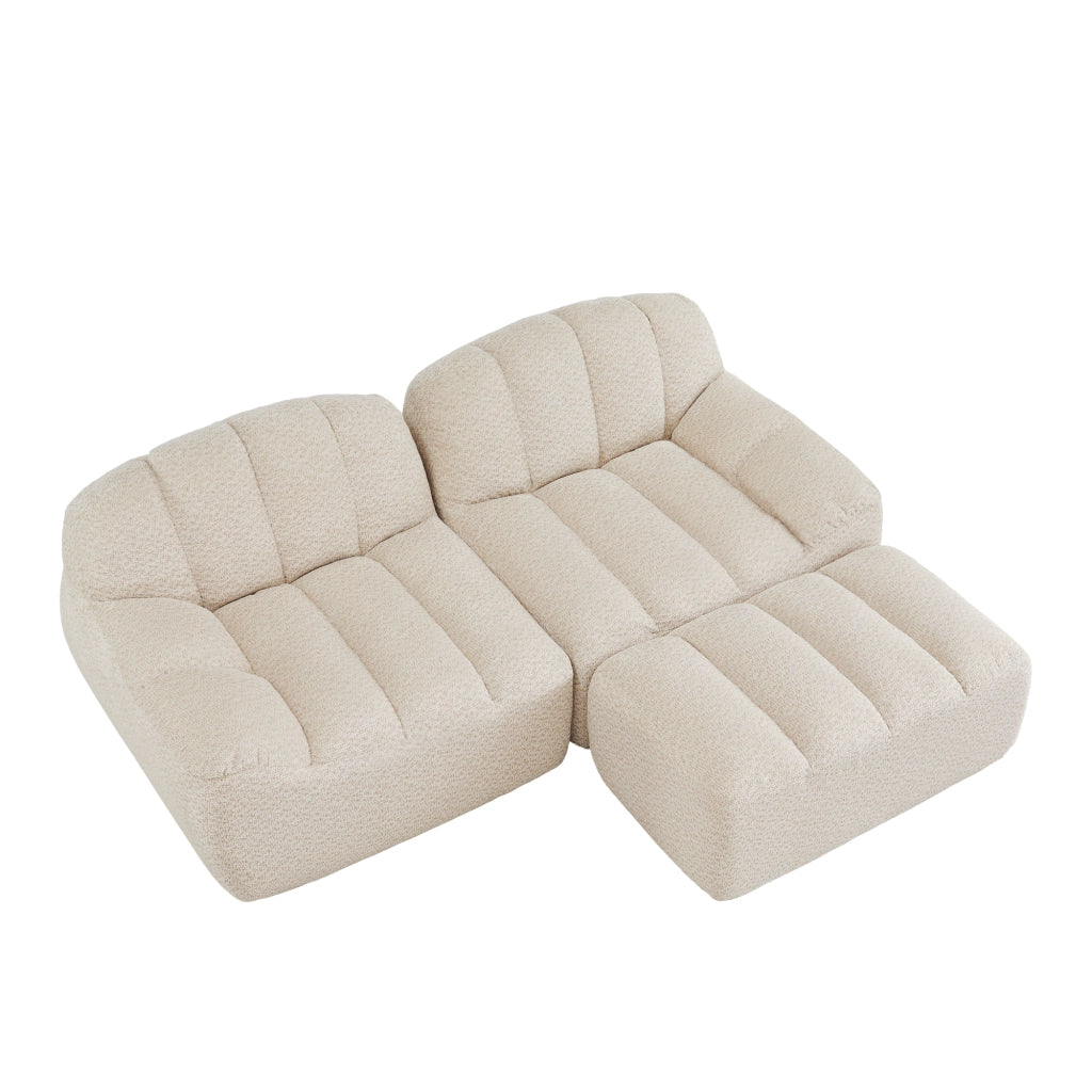 Divano angolare modulare 2 posti con pouf; forma ergonomica senza struttura in fleece granulato beige bianco