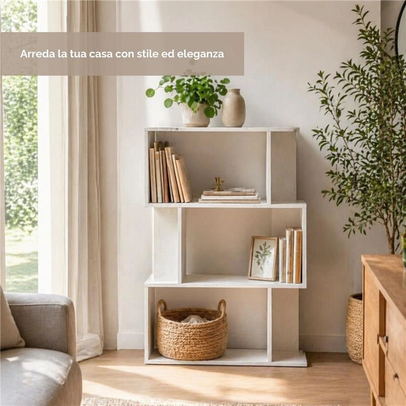 LIBRERIA CUBICA IN LEGNO BIANCO CON 3 RIPIANI SFALSATI DIMENSIONI  70X24X96 CM