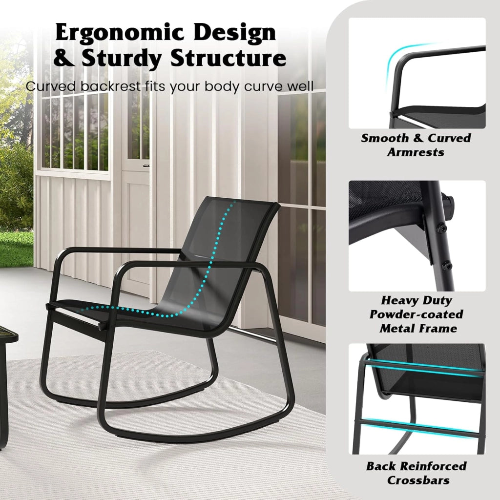 Set da Giardino per 2 Sedie a Dondolo con Tavolino in Vetro, Tessuto Traspirante e Gambe Regolabili, Ideale per Balcone, 3 Colori (Nero)