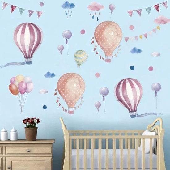 Sticker per Parete 2 in 1 Aquarel Ballooni e Nuvole (170x70 cm) I Sticker per Parete Decorativo per Bambini con Nuvole e Ballooni Rosa Blu