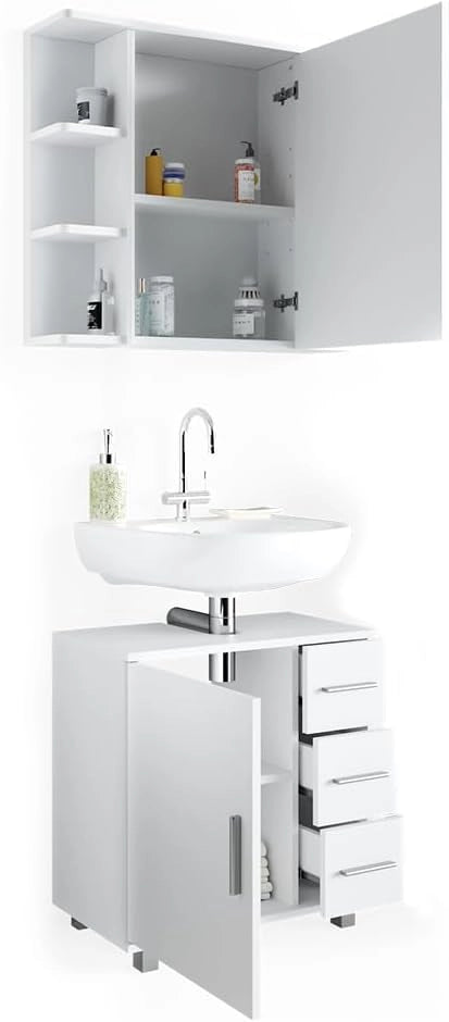 Set mobili bagno Ilias, Bianco, 60 cm, composto da specchio da bagno e mobile sottolavabo