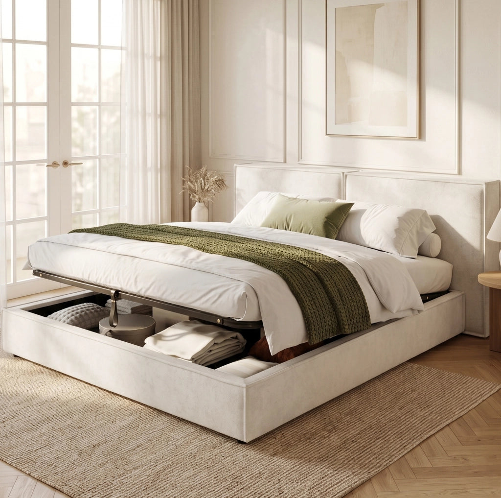 Letto matrimoniale contenitore 160x200 cm con rete e testiera imbottita in bouclé bianco