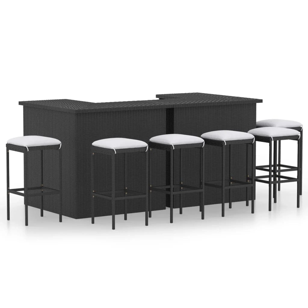Mobile bar da giardino in 8 pezzi con cuscini in resina intrecciata nera 02_0014507