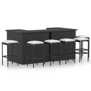 Mobile bar da giardino in 8 pezzi con cuscini in resina intrecciata nera 02_0014507