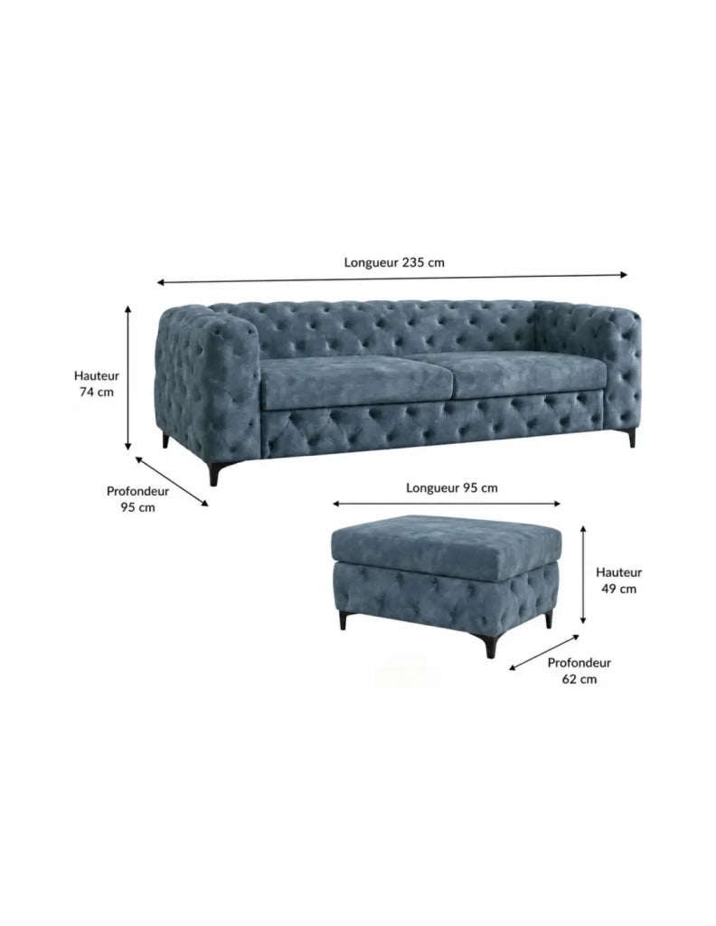 Divano ad angolo VELENA 4 posti con pouf - Velluto blu trapuntato - 235 x 74 x 157 cm