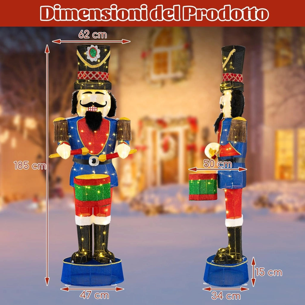 Soldato di Natale Illuminato 185 cm, Soldatino Schiaccianoci Illuminato con 100 Luci LED, Decorazioni Natalizie per Interno ed Esterno (Modello 2)