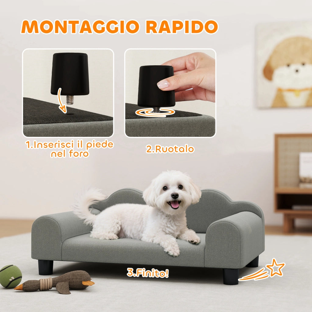 Divano per Cani con Braccioli di Supporto, in Legno e Tessuto French Terry, 66x42x28.5 cm, Grigio
