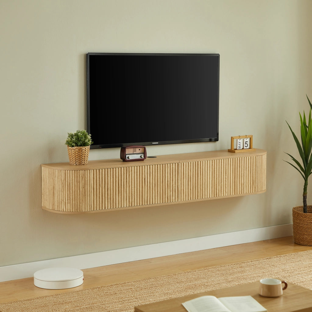 Mobile porta TV sospeso con 2 ante e passacavi, per soggiorno, in truciolare e MDF, naturale, 180 × 32 × 30 cm