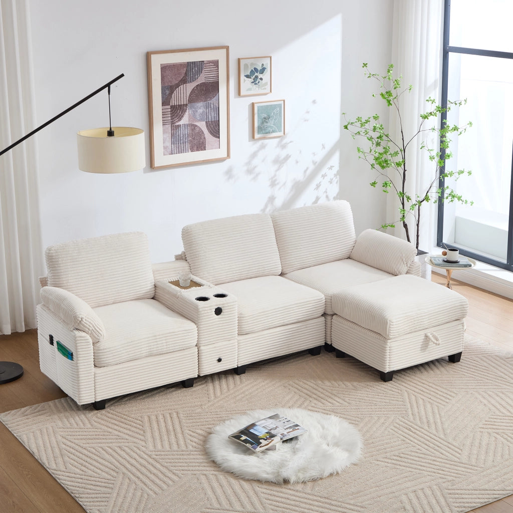 Divano modulare 4 posti - con console scorrevole e pouf contenitore - in velluto a coste beige